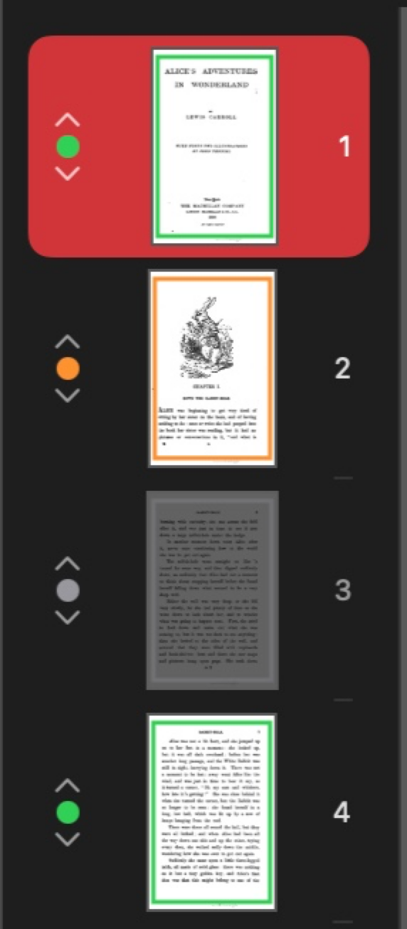 Sidebar showing green, blue, orange, and gray page dots