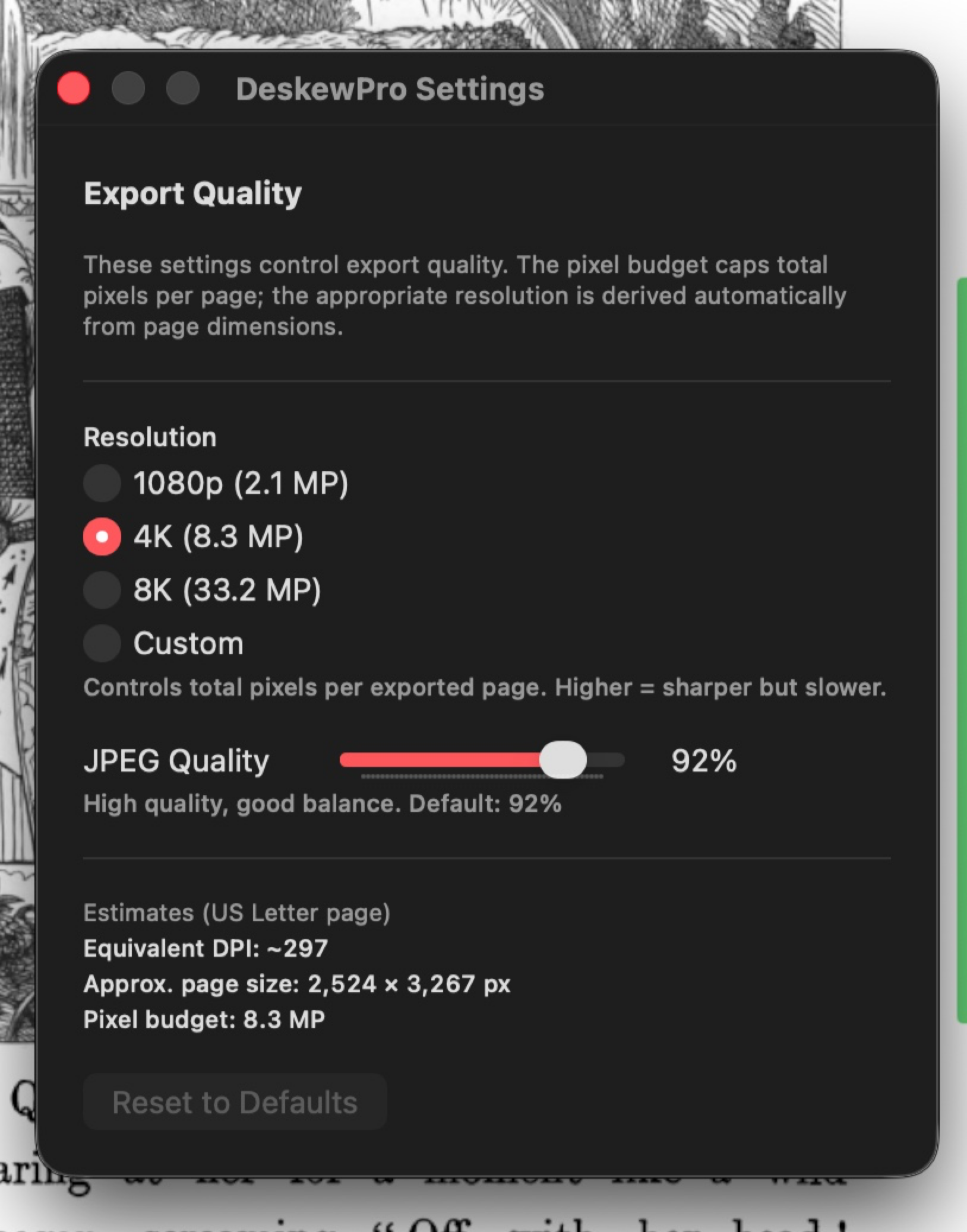 Export Quality Settings dialog