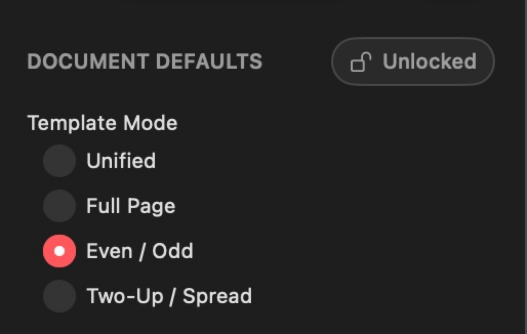 Inspector showing Document Defaults section