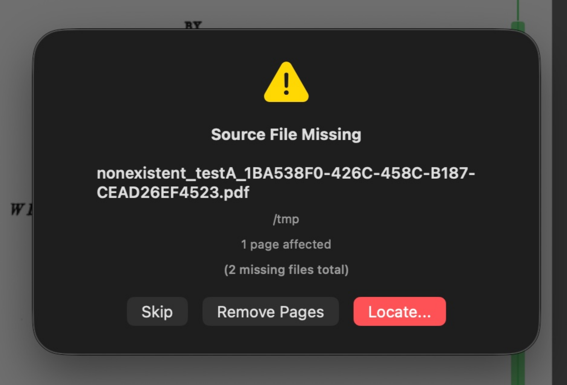 Missing source file dialog