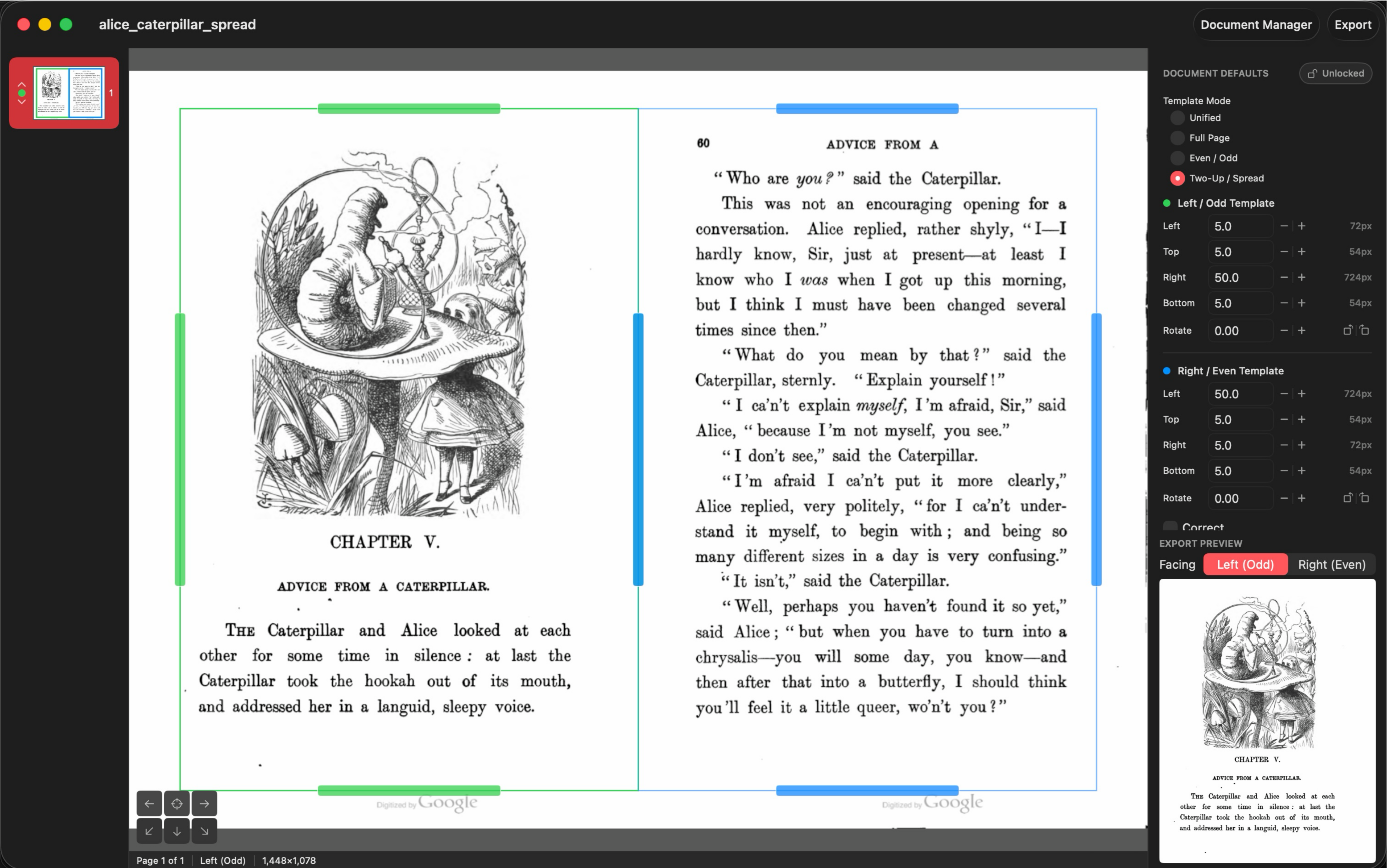 Two-Up mode showing split crop boxes