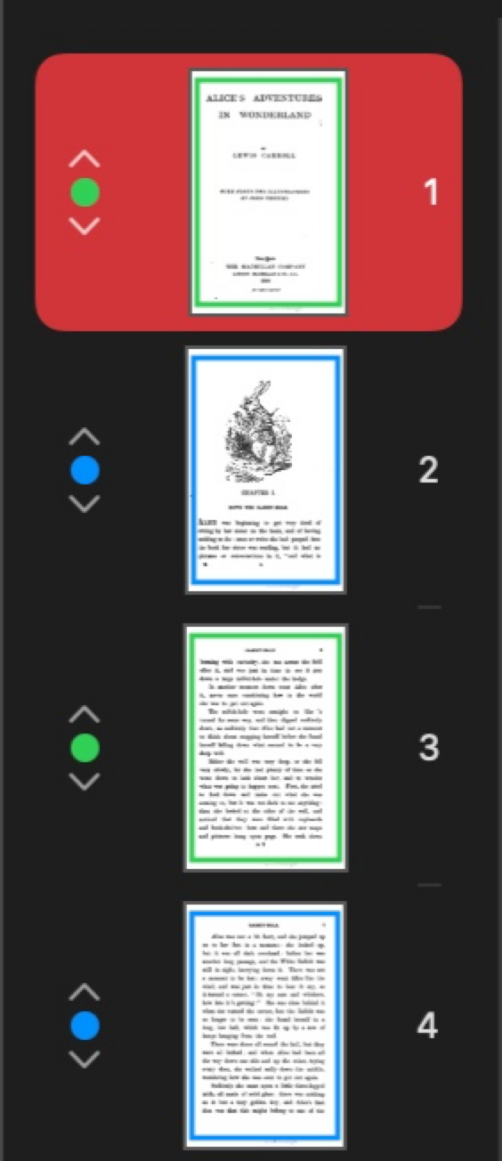 Page thumbnail sidebar with color-coded dots