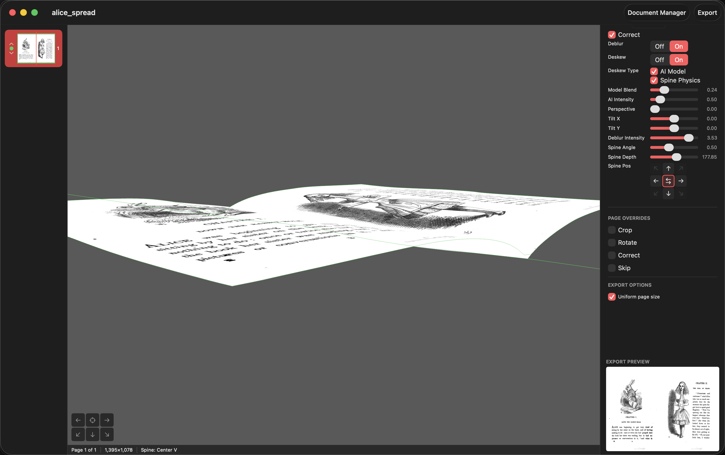 DeskewPro 3D spine view showing physics-based page dewarping