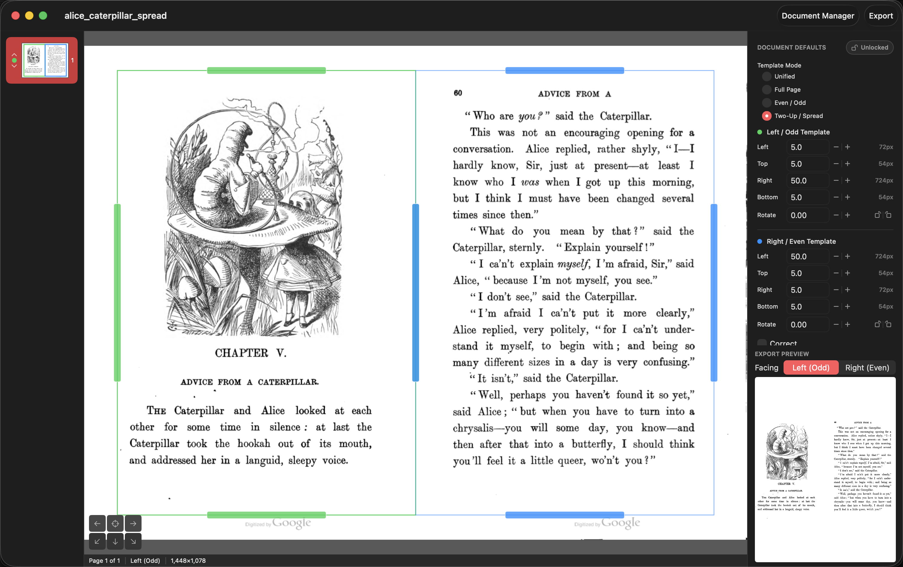 DeskewPro two-up spread view with even and odd page crop templates